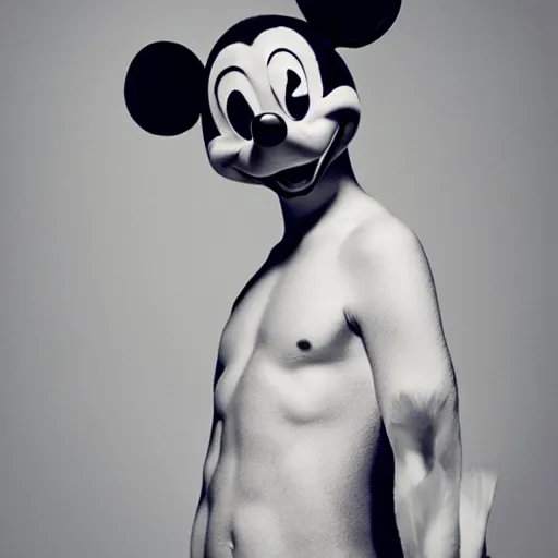 Prompt: a beautiful young japanese male wearing iris van herpen mickey mouse couture, photographed by erwin olaf