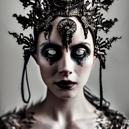 Image similar to a portrait of female model by stefan geselle and nekro borja, photorealistic, intricate details, hyper realistic, dark fantasy, ornate headpiece, photorealistic, canon r 3, photography, wide shot, photography