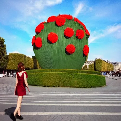 Prompt: giant flower head, woman walking in paris, surreal photography, symmetry, flat space, fanciful, bright colours, detailed, wes anderson