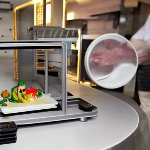 Image similar to machine that 3d prints fancy meals at restaurant table