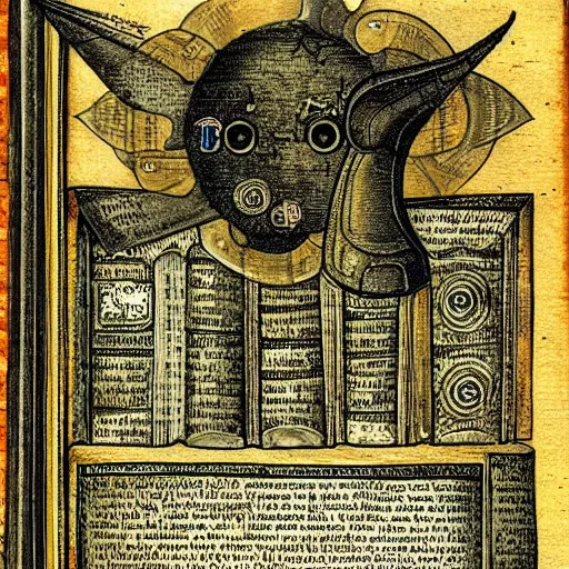 Prompt: depiction of artificial intelligence in grimoire, neural networks, vintage look, weathered pages, spells, demons, high detail,