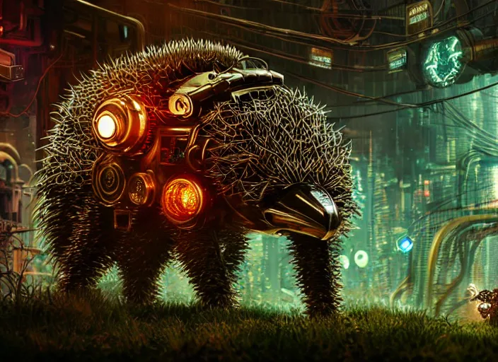 Image similar to giant intricate mechanical hedgehog with cybernetic enhancements and visible gears, on the background of a weird magical mechanical forest. Very detailed 8k. Fantasy cyberpunk horror. Sharp. Cinematic post-processing. Unreal engine. Nanite. Ray tracing. Parallax. Tessellation