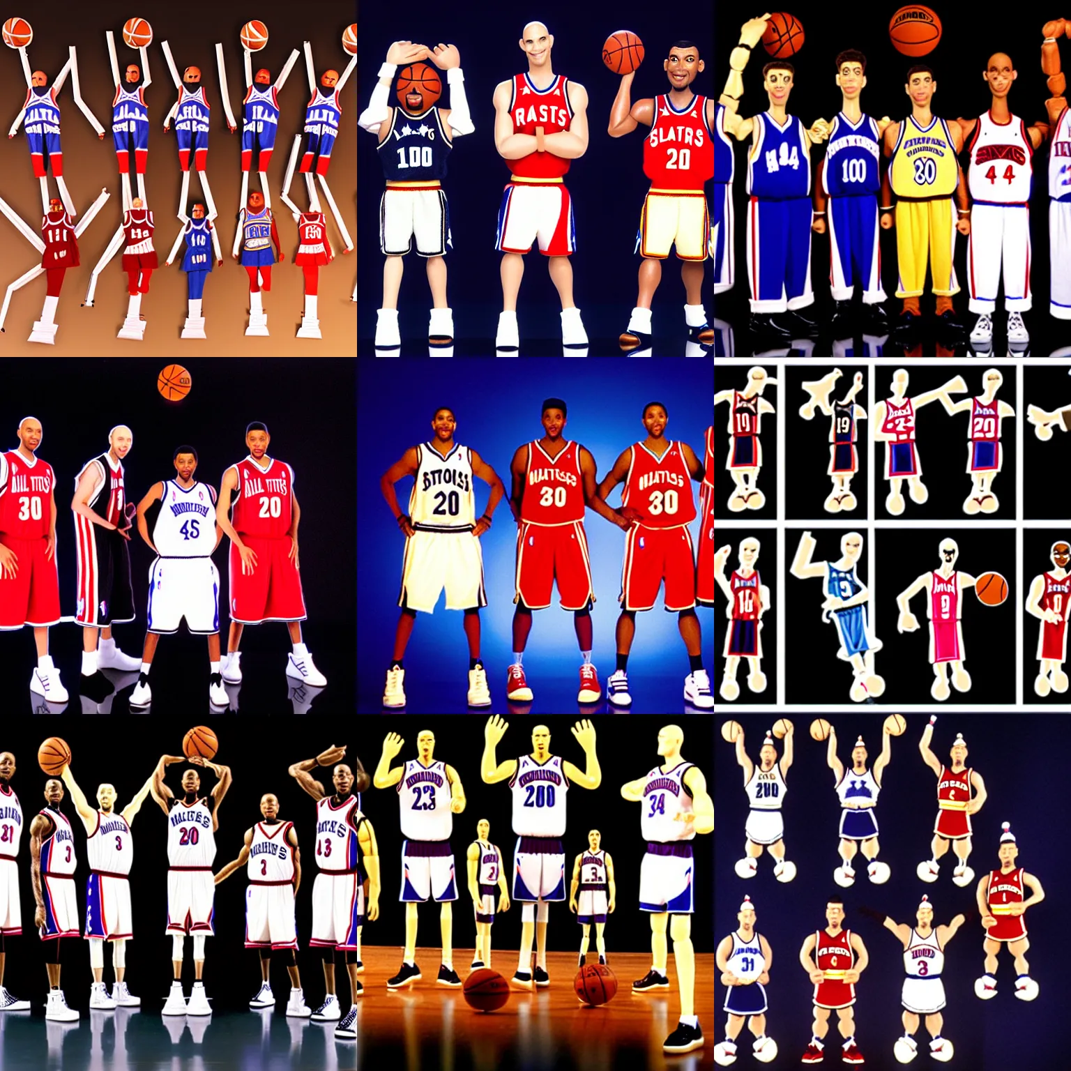 Prompt: marionettes of NBA all stars 2000, studio lighting, random wall or scenery background