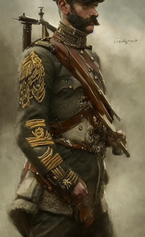 Image similar to Portrait of a victorian army officer, male, detailed face, victorian, highly detailed, cinematic lighting, digital art painting by greg rutkowski