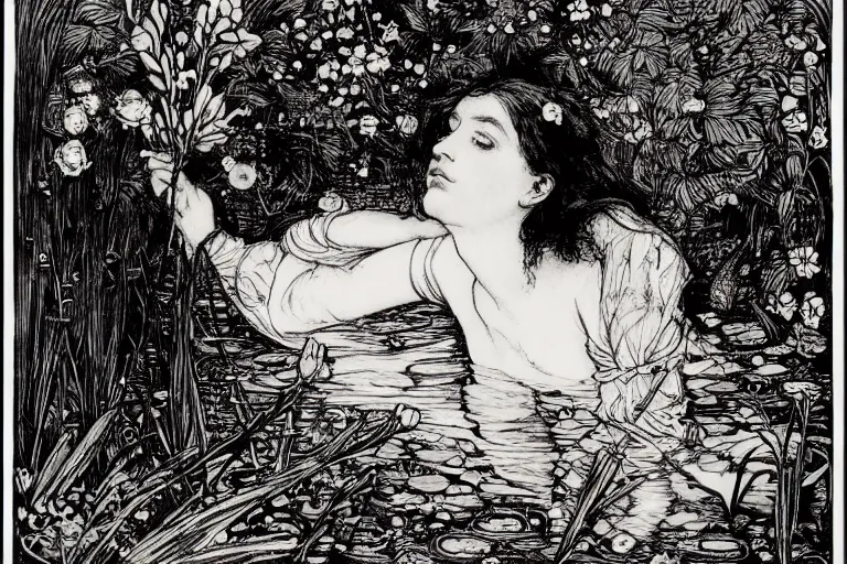 Prompt: ophelia by john everett millais, floating in the water, surrounded by water reeds and flowers, illustrated in the style of aubrey beardsley, black ink, decadent, intricate line art