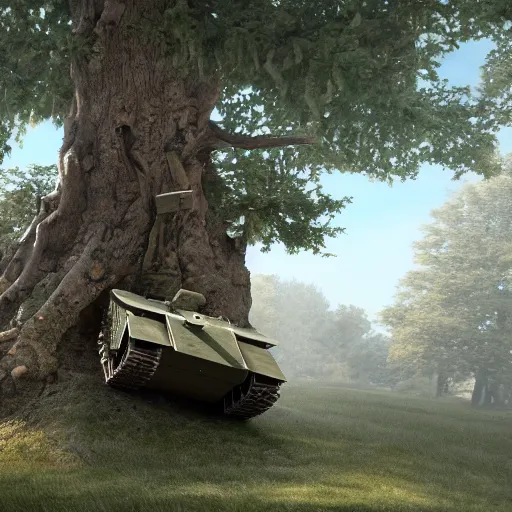 Prompt: a photo of a tank stuck in a giant tree, realistic, ultra high detail, 8 k.