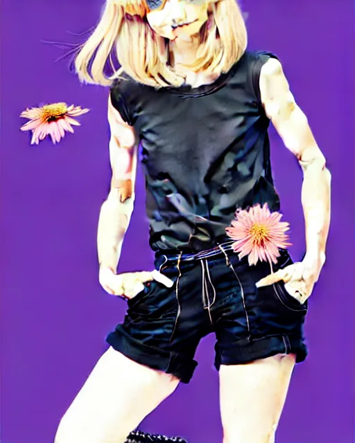 Prompt: richly detailed colored pencil 3D illustration of a beautiful French woman with short bleached blonde hair wearing a long Tshirt and black shorts sewing thread drawings of flowers into her thigh. mirrored background with completely rendered reflections, art by Range Murata and Artgerm.