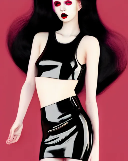 Prompt: a torso portrait of pale skin goth in shiny latex mini skirt and shiny latex tank top, very long curvy black hair explosion, red lips, pastel makeup, paint by ilya kuvshinov and ross tran and karol bak and stanley lau and anna dittmann and artgerm and xiaoguang sun and tian zi