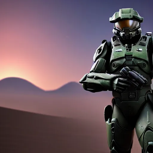 Image similar to ultra realistic on location photograph of master chief on a desert planet. epic image. action pose. explosions. sunrise. canon. carl zeiss