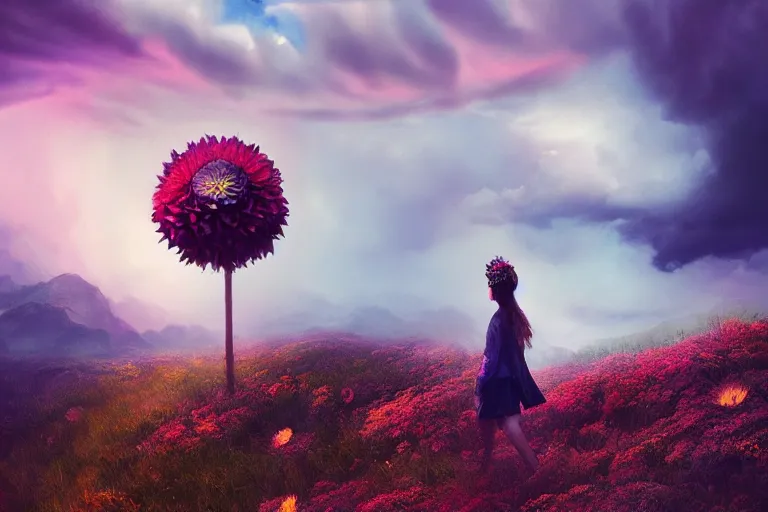 Image similar to giant dahlia flower crown under head, girl walking on mountain, surreal photography, blue storm clouds, dramatic light, impressionist painting, digital painting, artstation, simon stalenhag