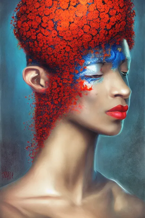 Image similar to portrait of beautiful young maiden, warhammer, afro style, more and more cyberpunk, a lot of more scars, more and more flowers, blue head, some red water, the middle ages, highly detailed, artstation, illustration, artgerm sylvari portrait, 8 k quality, art by alfred kubin