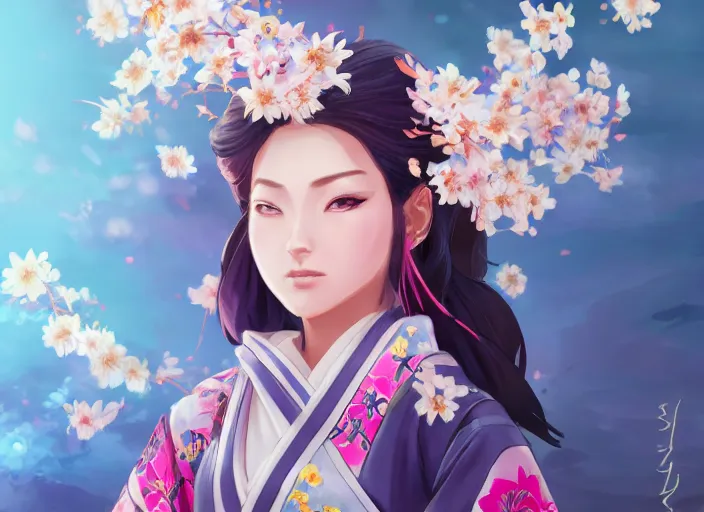 Prompt: character concept art of a girl wearing japanese kimono surrounded by spirit blossoms, wonderful shading, realistic face, concept art, dynamic pose, digital illustration, trending on artstation, intricate details, epic composition, sharp focus, 8 k uhd, masterpiece, league of legends splash art