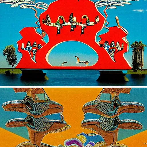 Image similar to aesthetic by george pemba, by heinrich lefler mexican muralism, charming. a sculpture of a group of flying islands, each with its own unique landscape, floating in the night sky. the islands are connected by a network of bridges. a small group of people can be seen walking along one of the bridges.