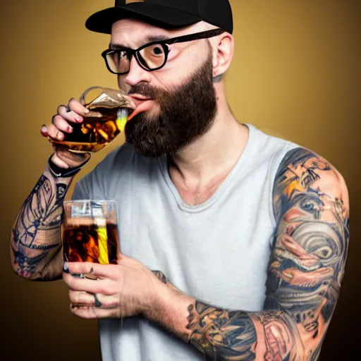 Prompt: portrait of a young, bald, bearded, and tattooed man, wearing glasses and a backwards hat, drinking a glass of whiskey, digital painting, highly detailed, hd, 4k, trending on artstation