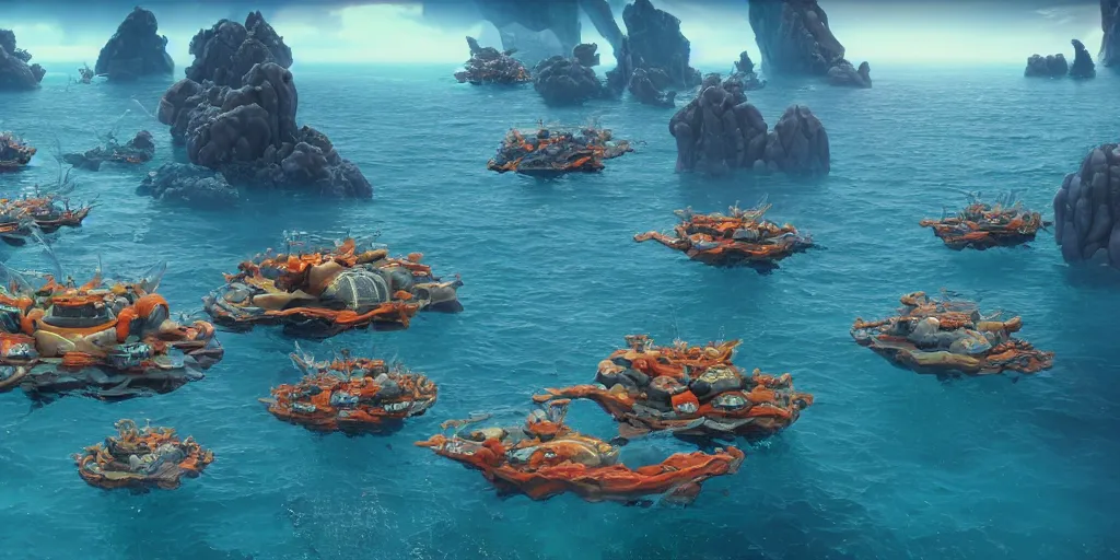 Image similar to a view from a boat of clusters of housecrafts floating on a beautiful ocean, fusion of subnautica and star trek, by noriyoshi ohrai, beautifully detailed 4 k octane render, 4 k post processing