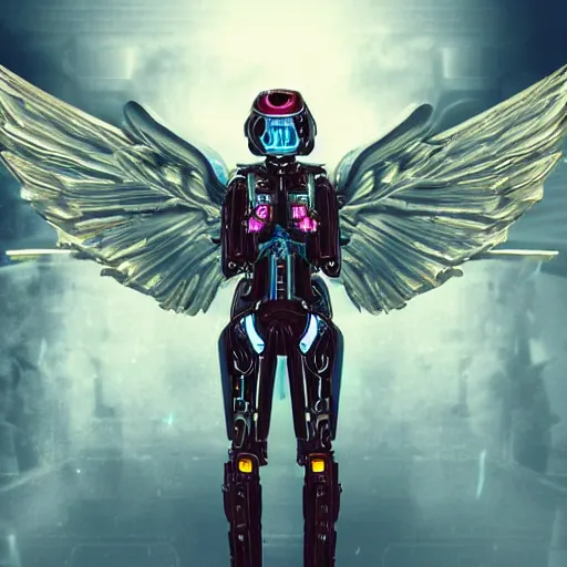 Image similar to a cyberpunk angel with machine wings