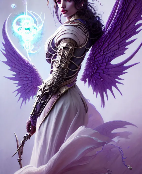 Prompt: beautiful fantasy character portrait, ana de armas, ultra realistic, wide angle, intricate details, the fifth element artifacts, tesseracts, highlights of purple, highly detailed by peter mohrbacher, hajime sorayama, wayne barlowe, boris vallejo, paolo eleuteri serpieri, dishonored 2, white gown, angel wings