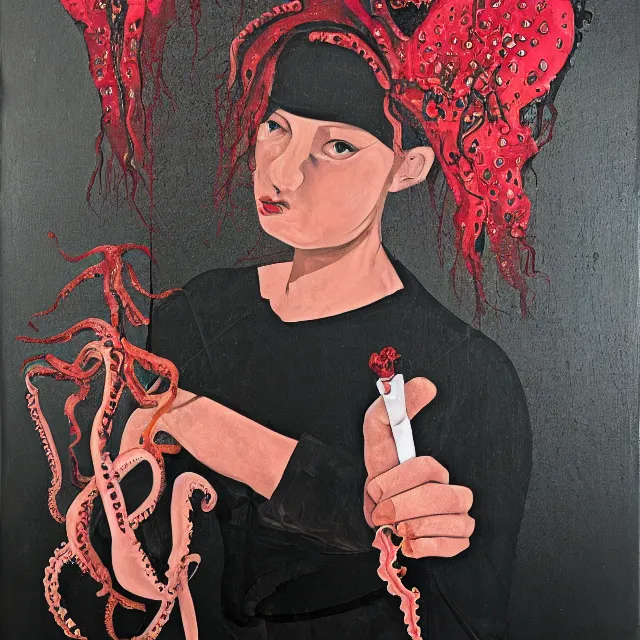 Prompt: empty room with black walls, a portrait of a female pathologist holding an octopus, wilted flowers, pomegranate, berry juice dripping, neo - expressionism, surrealism, acrylic and spray paint and oilstick on canvas