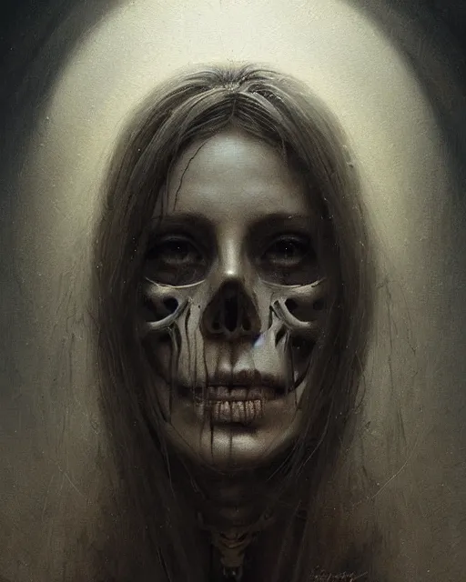 Prompt: woman [ half skeleton ]!!, portrait!!, illustrated by greg rutkowski, gaston bussiere, zdzisław beksinski, trending on artstation, photorealistic, [ 4 k digital art ]!!, sharp, intricate, dark atmosphere, grimly lit room!!