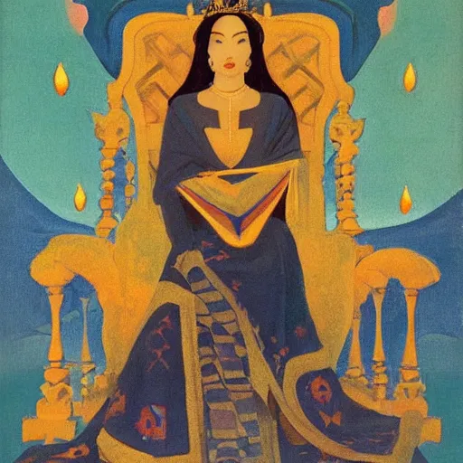 Prompt: an illustration of a queen on a throne at night by nicholas roerich, by johann heinrich fussli, by georgia o keeffe, realistic, detailed, oil painting