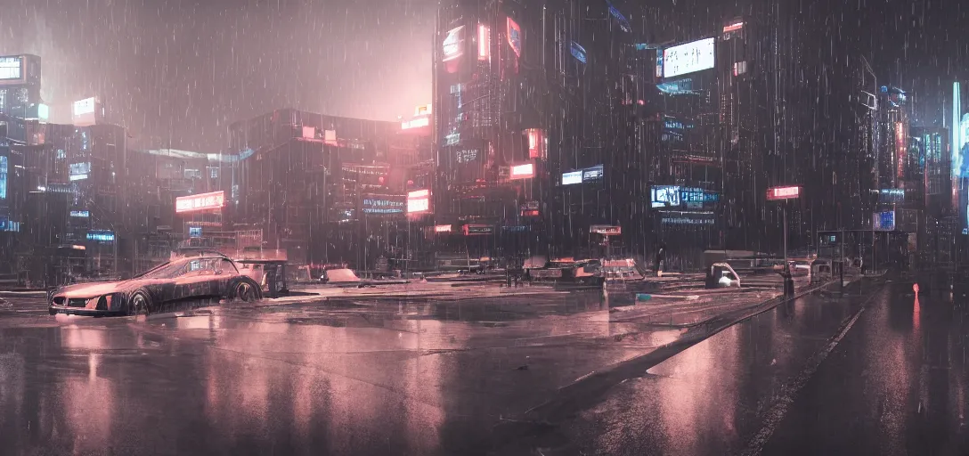 Image similar to cyberpunk look of the university of Bielefeld, rain, night, flying cars, digital art, 8k, many details