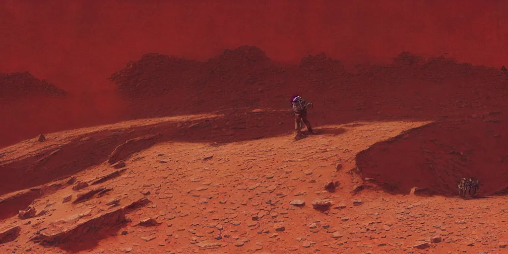 Prompt: red desert on mars, ruins of giant tetris part covered with sand, sandfalls, painted by ruan jia, raymond swanland, lawrence alma tadema, zdzislaw beksinski, norman rockwell, jack kirby, tom lovell, alex malveda, greg staples