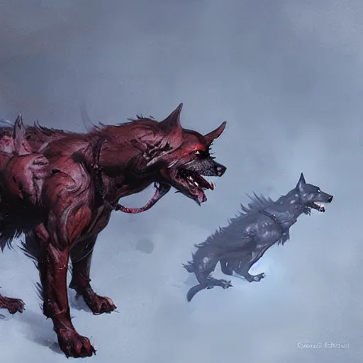 Image similar to demon dog cerberus, painted by greg rutkowski