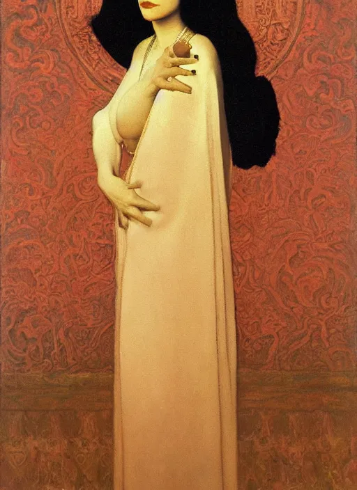 Image similar to an oil painting a queen with dark hair and white fair skin standing on a throne by maxfield parrish, by nicholas roerich, highly detailed, realistic, realism, oil painting, 1 9 th