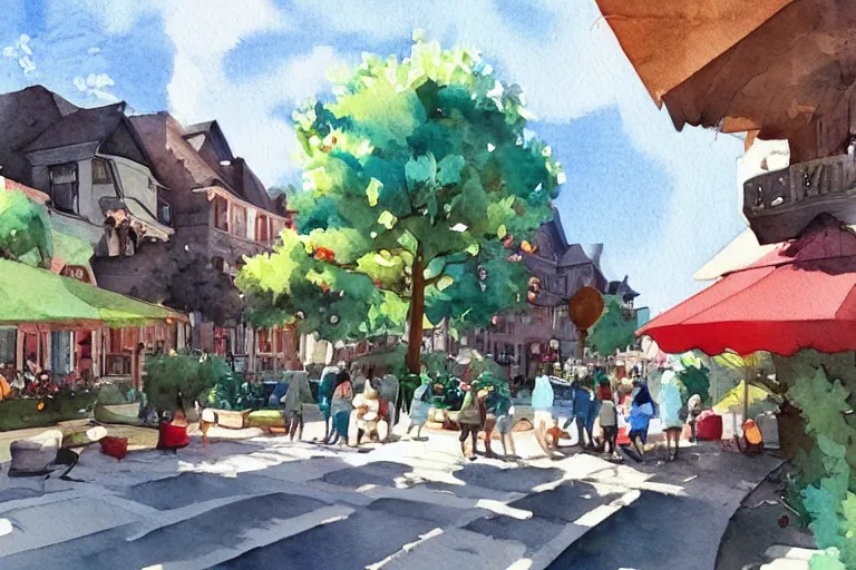 Image similar to watercolor townsquare in a sunny day, artwork by tooth wu, colorful high contrast,!! very coherent!!, dark shadow, thick lineart