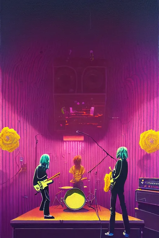 Image similar to the velvet underground and nico playing live on stage at a night club, beautiful stage decoration with flowers in the background, painting by simon stalenhag and wes anderson, very detailed and colorful and toned down and ornamental and moody and cool and relaxed and high on drugs, trending on artstation, behance contest winner