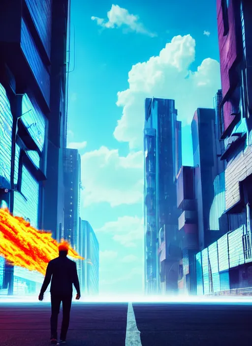 Prompt: portrait of a man with head of flames, walks happily down the street in a futuristic cyberpunk city, the sky is a turquoise blue with beautiful white fluffy clouds, hyper realism volumetric lighting