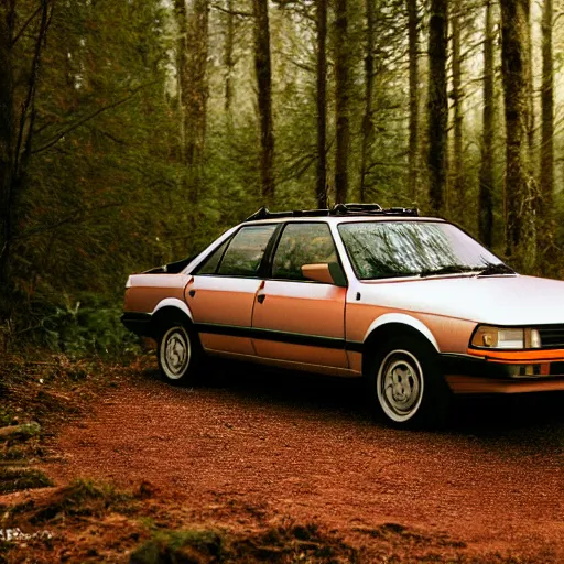 Prompt: stained old picture of an Audi 80 B4 driving in the forest at daytime, photography