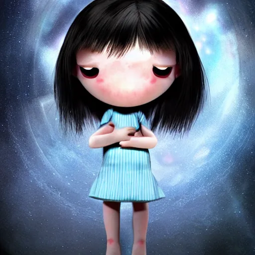 Image similar to a little alien girl with big sad black eyes and long hair holds a doll in her hands, sci - fi, 3 d, mysterious atmosphere, photorealistic, ultradetails