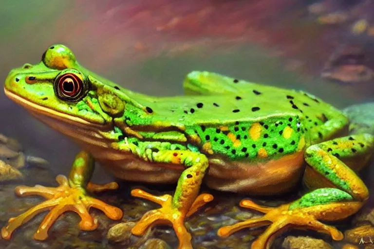 Image similar to highly detailed oil painting of a lizard frog ( ( mushroom ) ) in a steaming colorful hotspring, featured on artstation