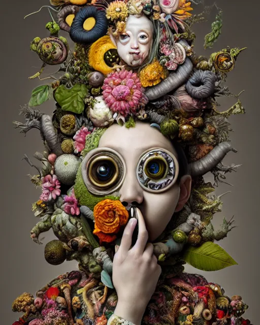 Prompt: a maximalist biomorphic portrait with with large eyes, expressive, wearing a botanical gas mask by arcimboldo, baroque, by ayami kojima, mark ryden, surrealism by dali, hauntingly surreal, statue, high fashion, focus on head, soft light, 4 k, octane high quality render