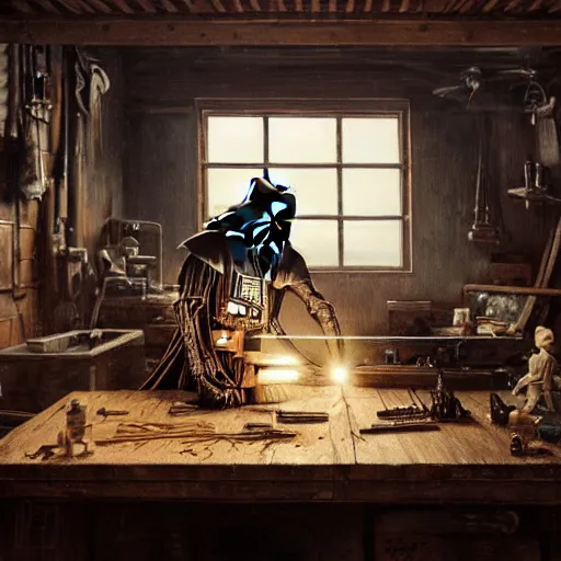 Image similar to highly detailed oil painting | very intricate | cinematic lighting | award - winning | darth vader as a simple carpenter fine craftsman | building a wooden table in their well organized clean workshop | beautiful cinematic light, american romanticism, by huang guangjian, gil elvgren, ruan jia, randy vargas, greg rutkowski, artstation, cgsociety, official art, octane