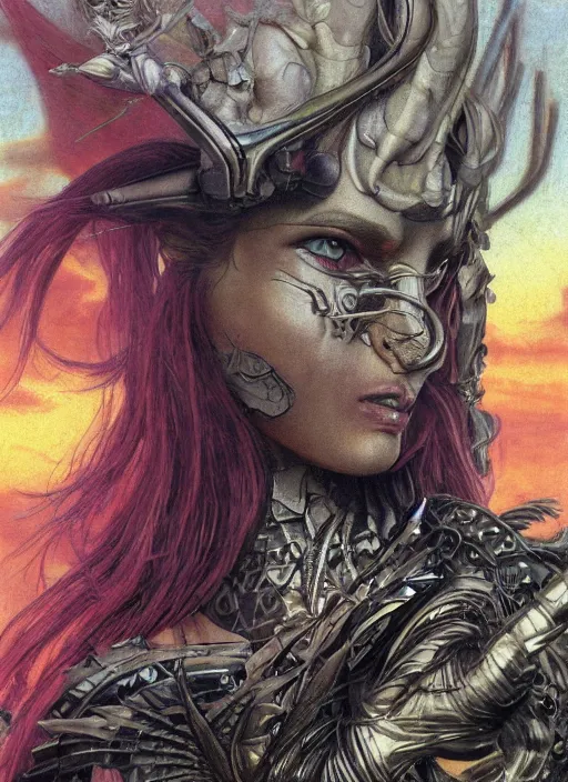 Prompt: biblical diabolical beautiful female valkyree android, pegasus, jump, rollerblades, heavy eyes to the side, closeup, bright glowing veins, in clouds, sunset, portrait, by gerald brom, by mikhail vrubel, by peter elson, muted colors, extreme detail, reflections, trending on artstation, 8 k