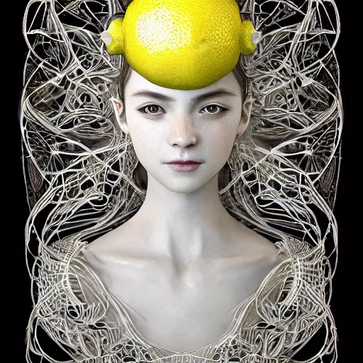 Image similar to the portrait of a lemon that resembles an absurdly beautiful, graceful, elegant, sophisticated, lovely young woman, an ultrafine hyperdetailed illustration by kim jung gi, irakli nadar, intricate linework, bright colors, octopath traveler, final fantasy, unreal engine 5 highly rendered, global illumination, radiant light, detailed and intricate environment