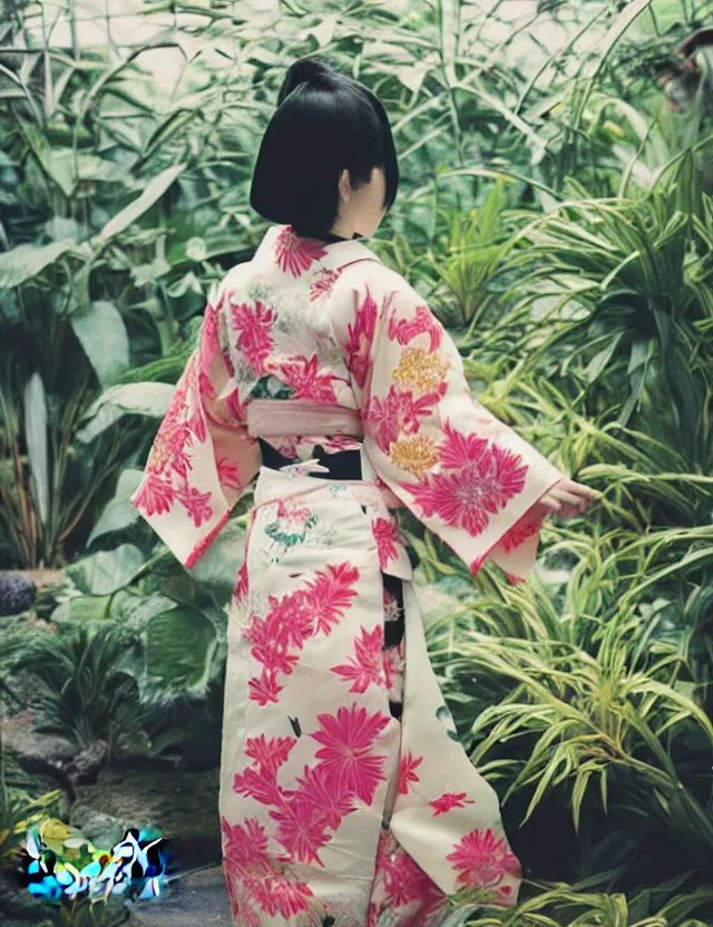 Prompt: photograph of a beautiful Japanese woman wearing a pretty kimono in a tropical greenhouse, by Annie Leibowitz, by Alessio Albi, extremely detailed, large format camera, Fuji Provia film, bokeh, blurred background, photorealistic, trending on instagram