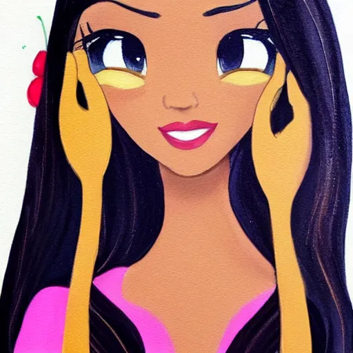 Prompt: a beautiful woman with long black hair, brown eyes, tanned skin as a disney princess. painting.