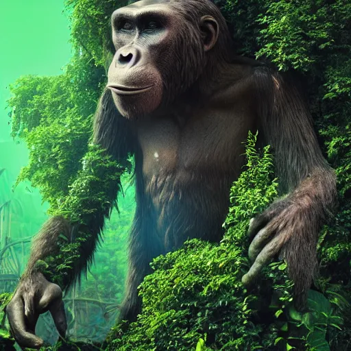 Image similar to cinema 4D colorful render, utopian jungle in space , old decaying statue of ape, a detailed zoned in human anatomy veins, nature, heavy green, dramatic lens flares, apes hanging from vines, a evil dark sun , depth field, unreal engine, sharp, incredible detail, professional composition, quality digital art, 4k, 4k concept art and hyper realism