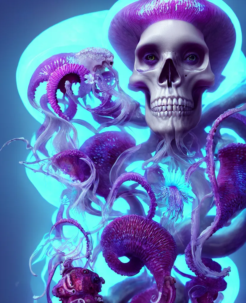 Image similar to goddess close - up portrait human skull, ram skull, squid phoenix jellyfish, orchid, betta fish, bioluminiscent, intricate artwork by tooth wu and wlop and beeple. octane render, trending on artstation, greg rutkowski very coherent symmetrical artwork. cinematic, hyper realism, high detail, octane render, 8 k