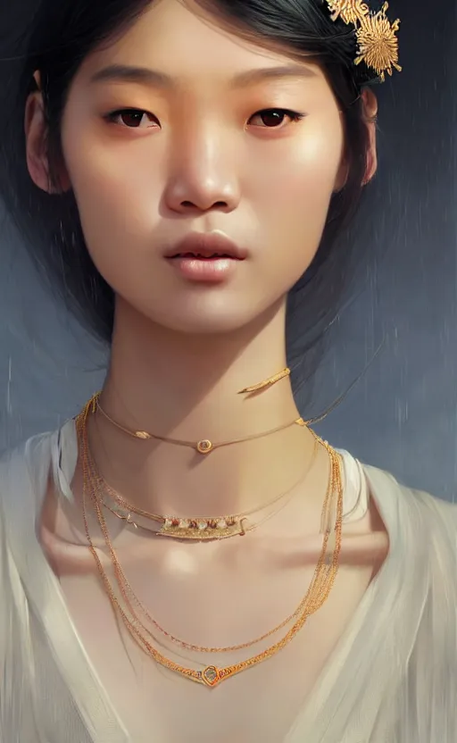 Image similar to a beautiful young charming asian goddess with sundress + jewelry + shinny eyes | | winter, symmetric, realistic shaded, unpleasant face, good looking, fine details, dior, lv, realistic shaded lighting poster by greg rutkowski, macoto takahashi, magali villeneuve, artgerm, jeremy lipkin and michael garmash