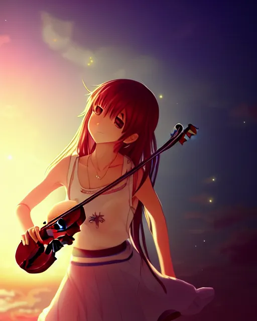 Image similar to anime style, creative, full body, a cute girl with white skin and golden long wavy hair holding a violin and playing a song, heavenly, stunning, realistic light and shadow effects, happy, centered, landscape shot, happy, simple background, studio ghibly makoto shinkai yuji yamaguchi