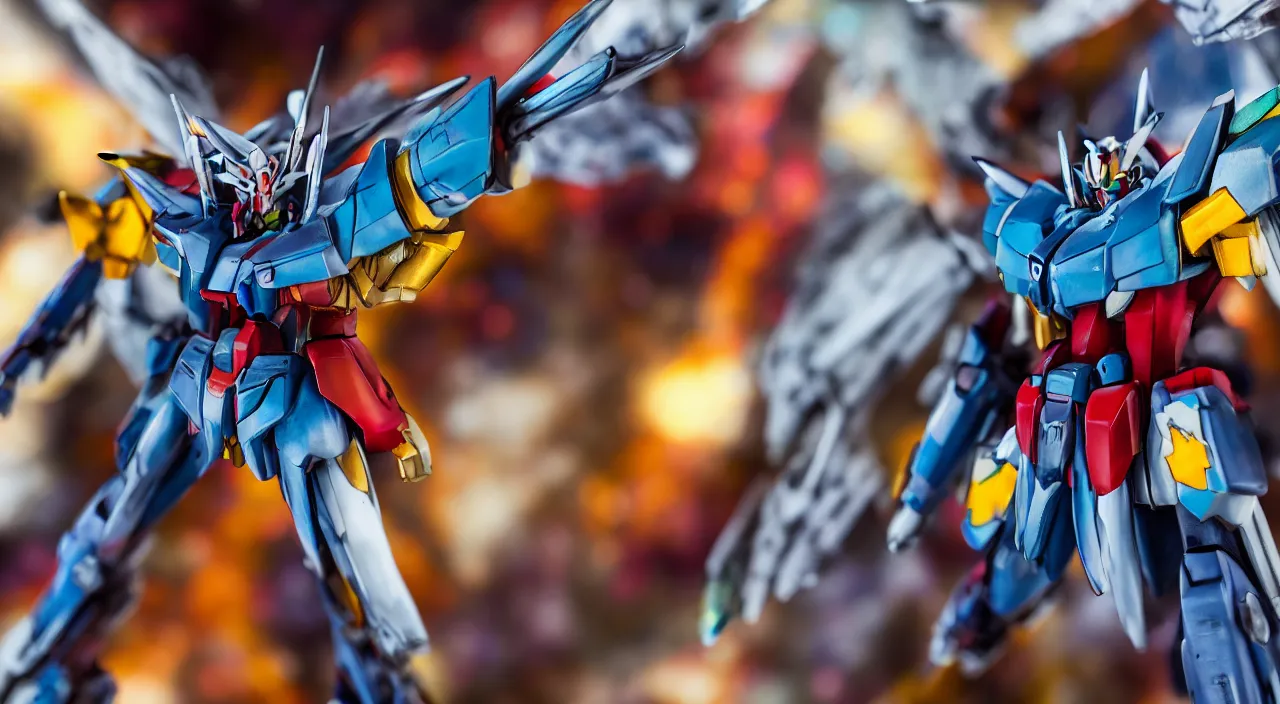 Image similar to medium close up view, Gundam,Guyver,colourful space, bokeh, blur, cinematic lighting