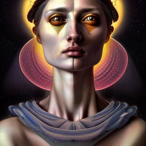 Image similar to Colour Caravaggio style Photography of Beautiful woman with highly detailed 1000 years old face wearing higly detailed sci-fi halo designed by Josan Gonzalez Many details. . In style of Josan Gonzalez and Mike Winkelmann andgreg rutkowski and alphonse muchaand Caspar David Friedrich and Stephen Hickman and James Gurney and Hiromasa Ogura. Rendered in Blender, volumetric natural light