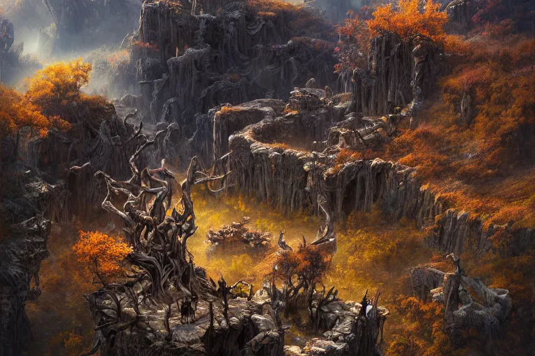 Prompt: high aerial shot, cinematic fantasy painting, dungeons and dragons, desert valley of bones with autumn maple bonsai, with sunset lighting ominous shadows by jessica rossier and brian froud