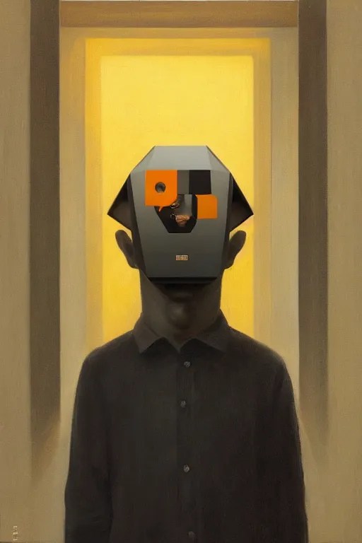 Image similar to satoshi nakamoto wearing oculus and bitcoin over his head edward hopper and james gilleard, zdzislaw beksisnski, higly detailed