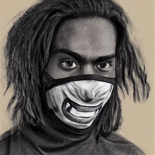 Image similar to professional pencil sketch of a young adult man with slightly long hair wearing a black face mask and an oversized dark sweatshirt and dark sweatpants, high quality, HD, 8K, highly detailed, award-winning