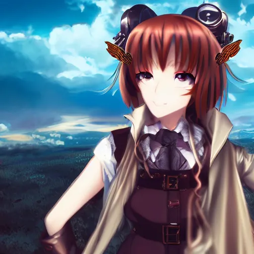 Image similar to anime girl with copper steampunk wings winking, extremely detailed, cinematic lighting, portrait, beautiful, sky,